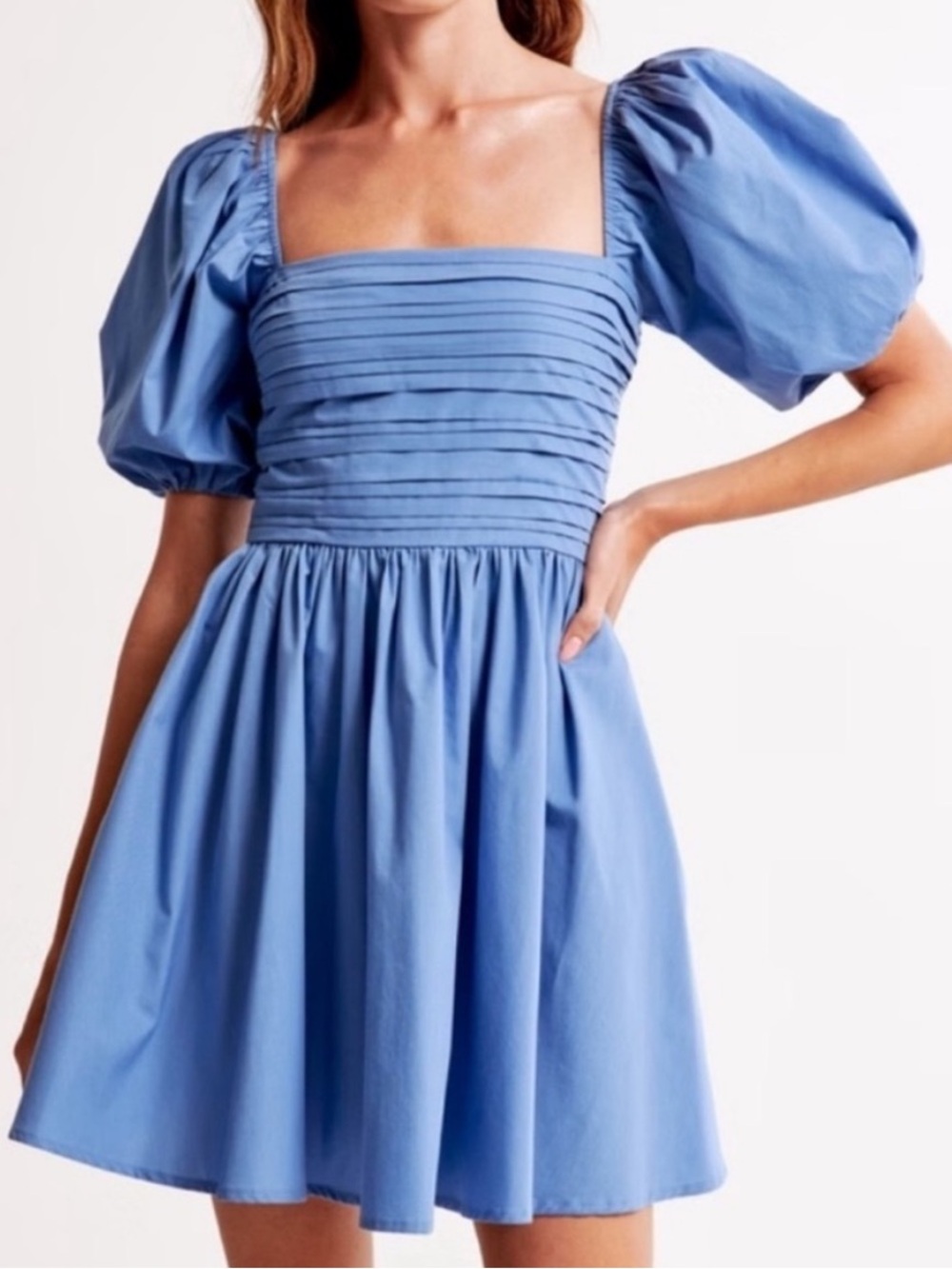 Abercrombie Emerson Poplin Puff Sleeve Mini Dress in Powder Blue Medium Tall